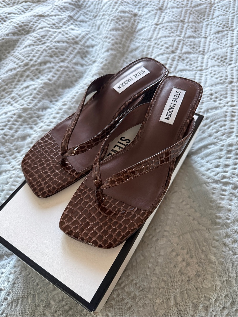 Steve Madden Brown Croc-Embossed Thong Mules